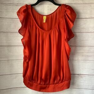 Bee Stitched Orange Sating Blouse with Ruffle Flutter Sleeves Size Large